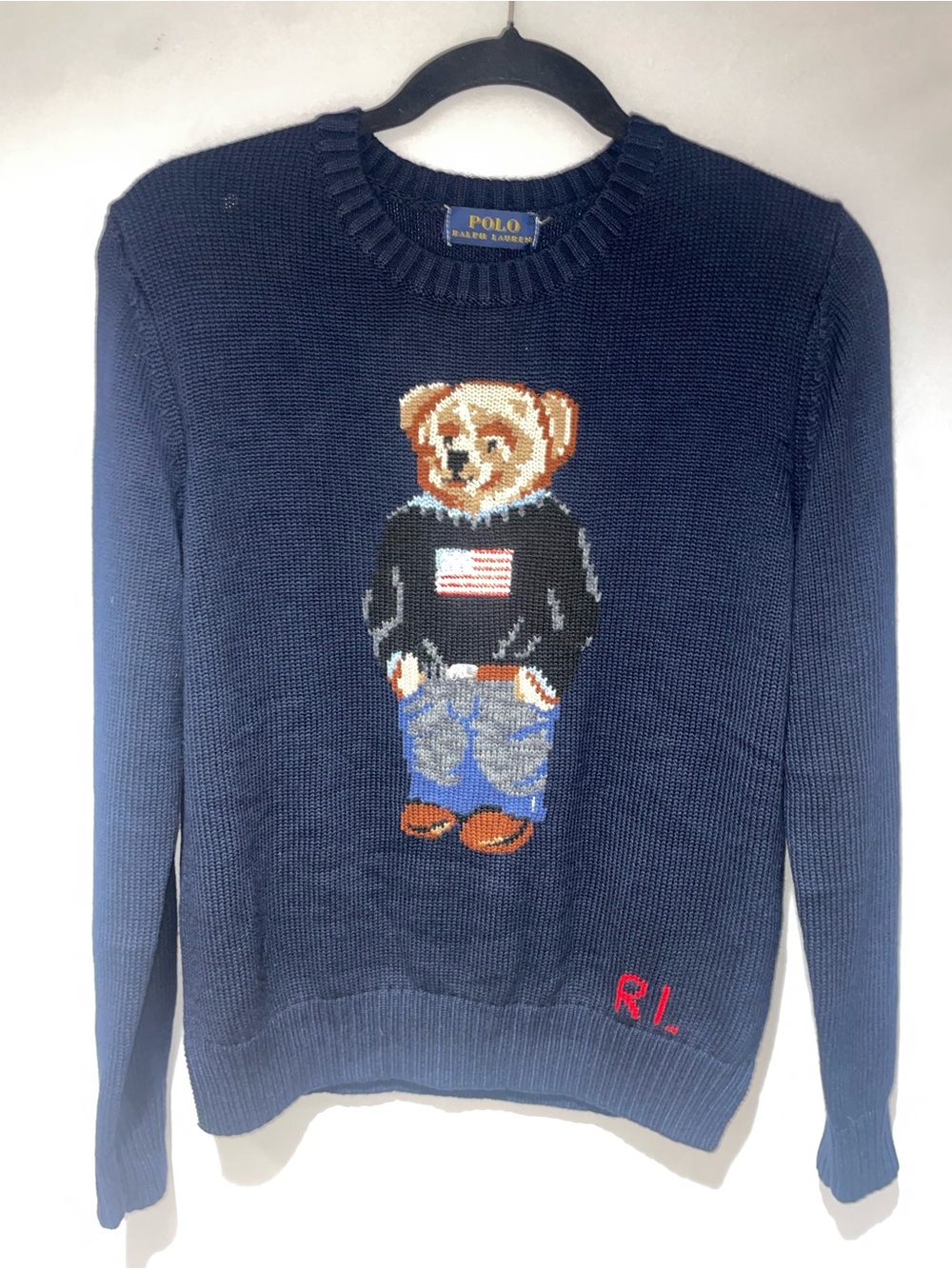 Ralph Lauren Navy Bear Crewneck Knit Sweater